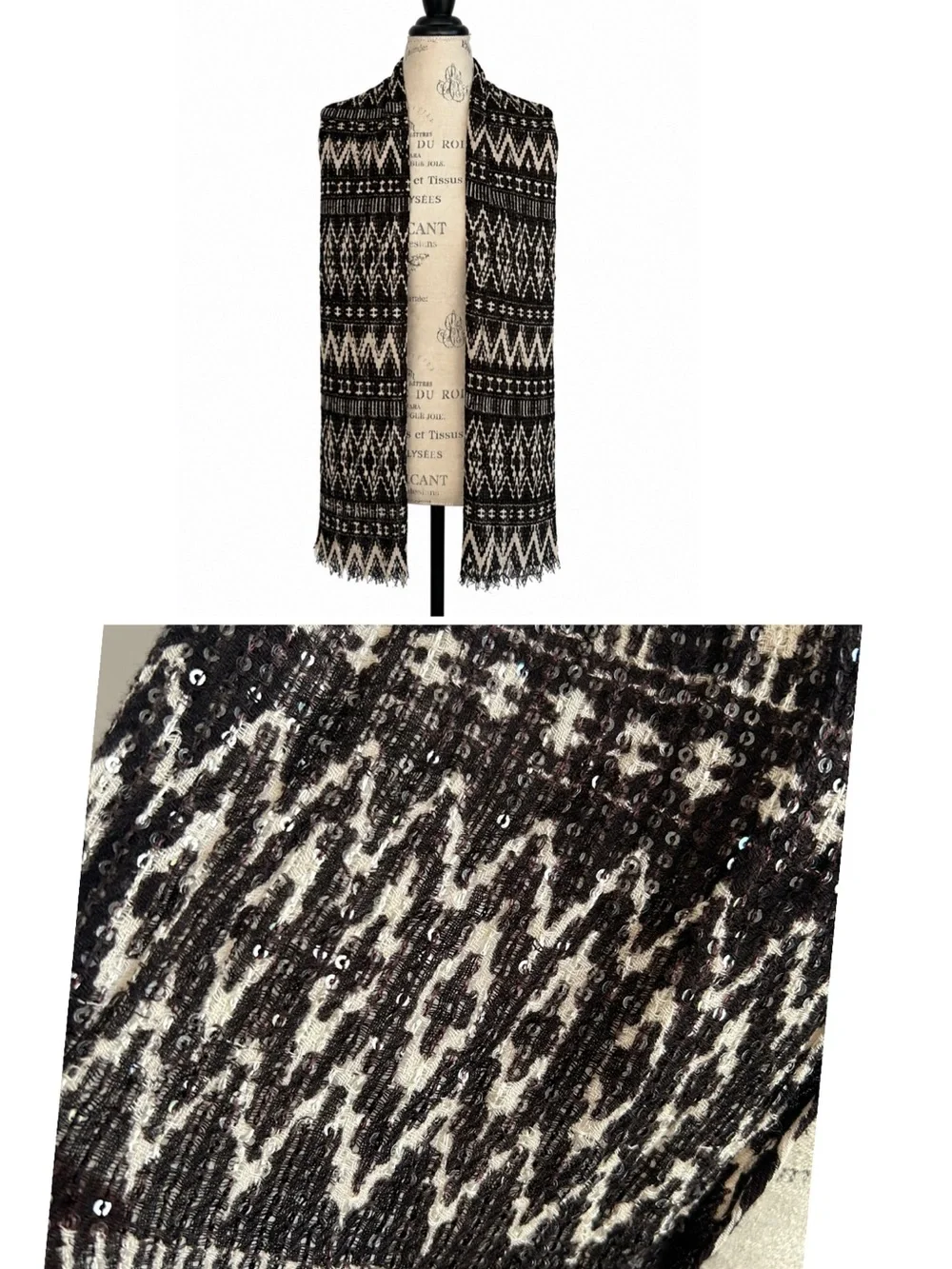 Chaps Black Cream Tribal Aztec Knit Scarf Sequin Southwestern Boho